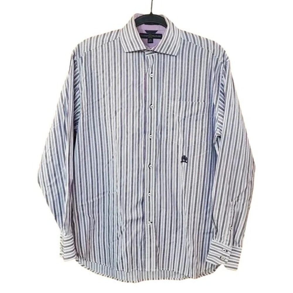 Tommy Hilfiger Mens Purple Striped Button Front Shirt 80s 2-Ply Cotton Small